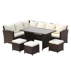 Fundas para sillas Oshion9-Seater Muebles de ratán Sofá al aire libre Mesa de comedor con cubierta de lluvia gratis Pantalla de seda negra Vidrio Beige