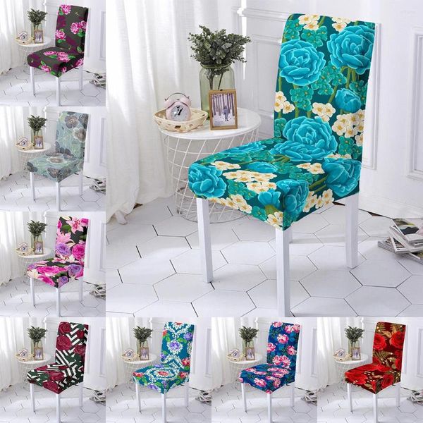 Fundas para sillas Pastoral Floral Elástico Rojo Rosa Azul Flores Anti-suciedad Slipcovers Spandex Comedor Decoración del hogar Boda