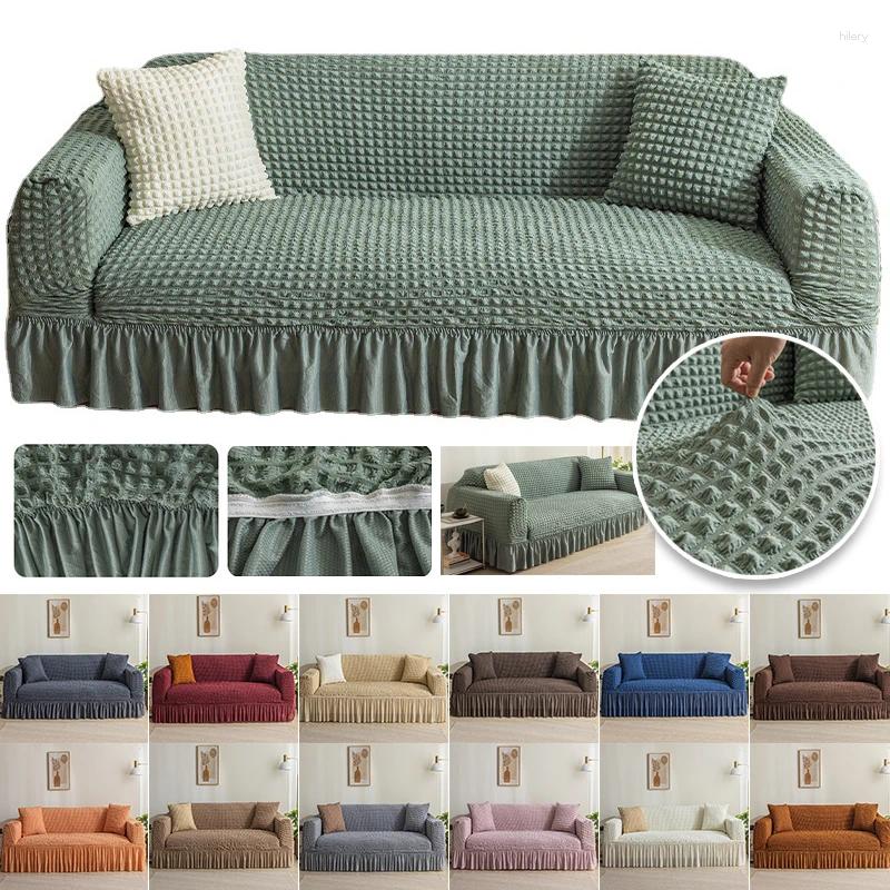 Stol täcker veckad soffa L-formad för täckning 1/2/3/4 kjol för hörnskydd texturerad seersucker med sits