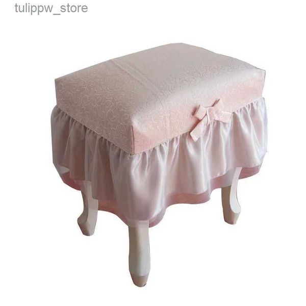 Fundas para sillas Princesa beige/rosa rectángulo maquillaje taburete cubierta banco piano taburete cubierta decorativa volante asiento cojín redondo encaje silla cubierta L240315