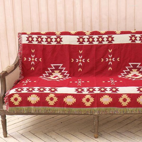 Housses de chaise rouge géométrique gland couverture canapé couverture doux fil de coton tricoté jeter Kilim tapis serviette salon décor à la maison