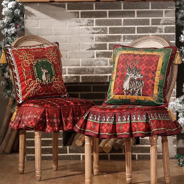 Fundas para sillas Funda de cojín de asiento a cuadros rojos Vacaciones navideñas americanas Cómoda Decoración gruesa antideslizante suave