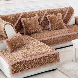 Fundas para sillas, funda de sofá de tela de felpa rosa, funda antideslizante de encaje, asiento, toalla de sofá de estilo europeo para decoración para sala de estar