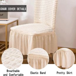 Housses de chaise en seersucker extensible blanc, housses de salle à manger amovibles et lavables avec jupe de protection de Style campagnard