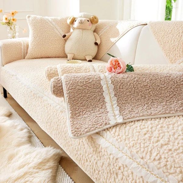 Housses de chaise Housse de coussin de canapé Serviette en tissu Épaissi Peluche Simple Anti Slip Crème chaude Dossier Accoudoir Bord Technologie d'emballage