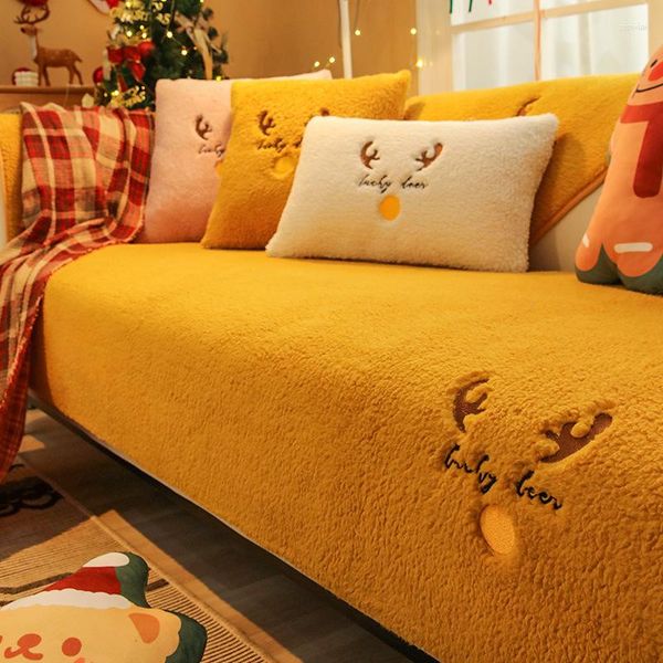 Housses de chaise épaisses, courtes en peluche, pour canapé d'hiver, chaudes, antidérapantes, lavables, pour salon, décor de noël, élan