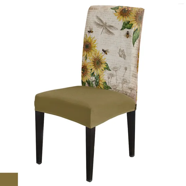 Couvre-chaise Couvre Vintage Old Spaper Sunflower Dragonfly Cover Set Kining Dining Stretch Spandex Seat Sabver pour la fête de mariage