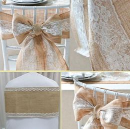 Stoelhoezen bruiloftdecoratie natuurlijk elegante jute kanten stoelen sjerpen jute stropdas boog voor rustieke feestevenement decoratie