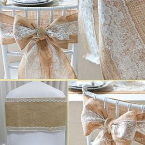 Fundas para sillas Decoración de boda Naturalmente elegante Arpillera Encaje Sillas Fajas Lazo de yute para decoración de eventos de fiesta rústica