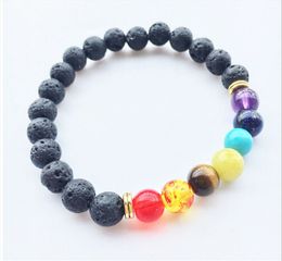 Chakra Armband Strands 8mm Lava-Rock Beads Kleurrijke Energie Yoga Armbanden 120pcs / lot