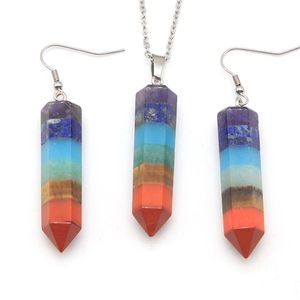 Chakra Bullet Shape Natuursteen Hanger Ketting Oorbellen Set Healing Crystal Rainbow Edelsteen Sieraden Sets voor Women252b