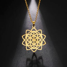 Colliers Chakra fleur de vie pour femmes, amulette en or jaune 14 carats, chaîne de cou à géométrie sacrée, fleur Mandala, bijoux cadeau