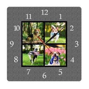 Chalkboard Family 4 Custom Pos Collage Square Gedrukte Acrylklok Gepersonaliseerde Puppy Pet Pictures Wall Hanging Watch 220615