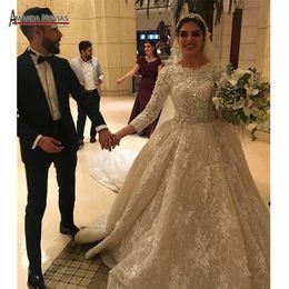 Champagne 3D fleurs robe de bal robes de mariée musulman manches longues dos ouvert grande taille robe de mariée vraie Pictures317S