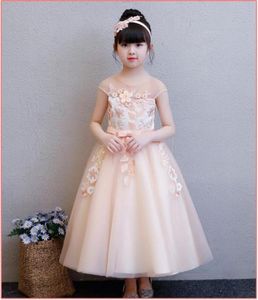 Champagn Flower Girl Dress Appliques Long First Communion Dresses Party Girl Bebrouwende jurk kinderen prinsesjurken8609007