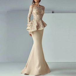 Champagne 2018 sirène dentelle appliques volants mère de la mariée robes manches longues robes de soirée formelles 328 328