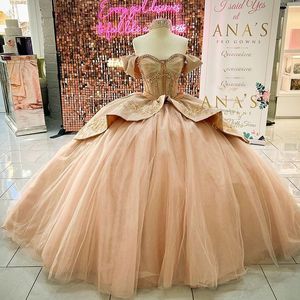 Robes de Quinceanera Champagne 2024, robes de princesse à épaules dénudées avec des appliques de perles douces pour filles de 16 à 17 ans, robe de soirée d'anniversaire