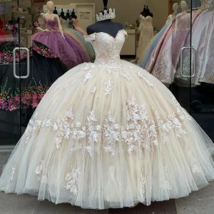 Champagne 2023 Quinceanera Lichte Jurken Kant Appliqué Mouwloos Schouderafhangende Bandjes Ruches Op Maat Tule Zoete 15 16 Prinses Optocht Baljurk Vestidos