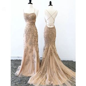 Champagne 3D bloemen applique kanten formele jurken avondkleding 2019 spaghetti ripen criss kruis backless tule zeemeermin prom jurk vrouwen