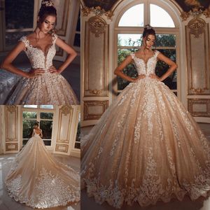 Champagne A-lijn jurken kralen Appliqued Sheer Jewel Neck Arabische gewaden Country Bridal Jurken Ball Jurk trouwjurk Vestidos de novia