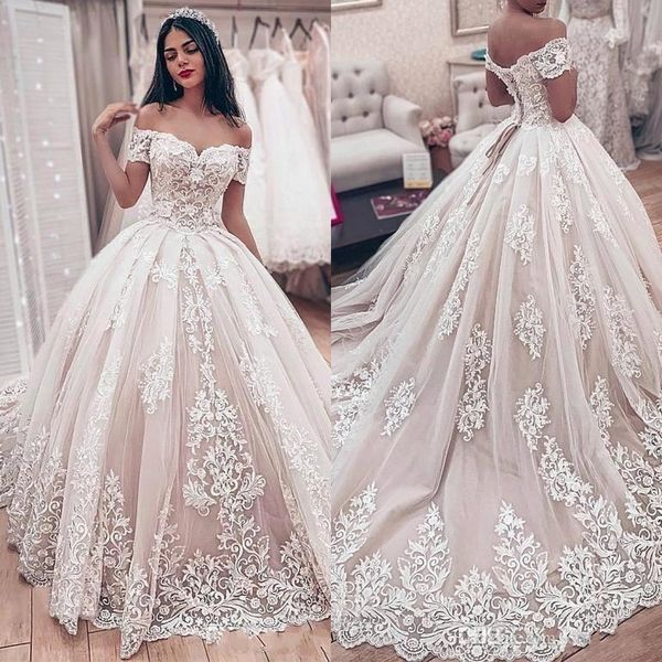 Champagne une ligne robes de mariée robes nuptiales sur l'épaule des applications en dentelle arabe perles à manches courtes corset back court train tulle robe de bal formelle plus 0424