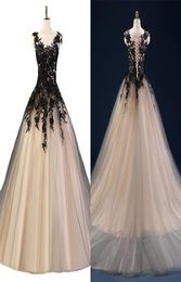Champagne et dentelle noire robes de bal robes de bal 2022 bijou décolleté transparent appliques perlées robe de soirée robes formelles Pa7870994