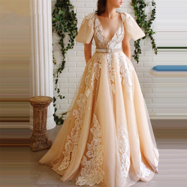 Champagne Applique Robe De Soirée Avec Ceinture Col En V Manches Capuchon Une Ligne Longue Robes De Bal Élégant Personnalisé Formelle Porter Robe de mari￩e