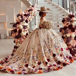 Champagne Baljurk Quinceanera Jurken Kleurrijke Bloemen Applicaties Kant 3D Bloemen Kralen Tull Corset Vestidos De 15 Anos