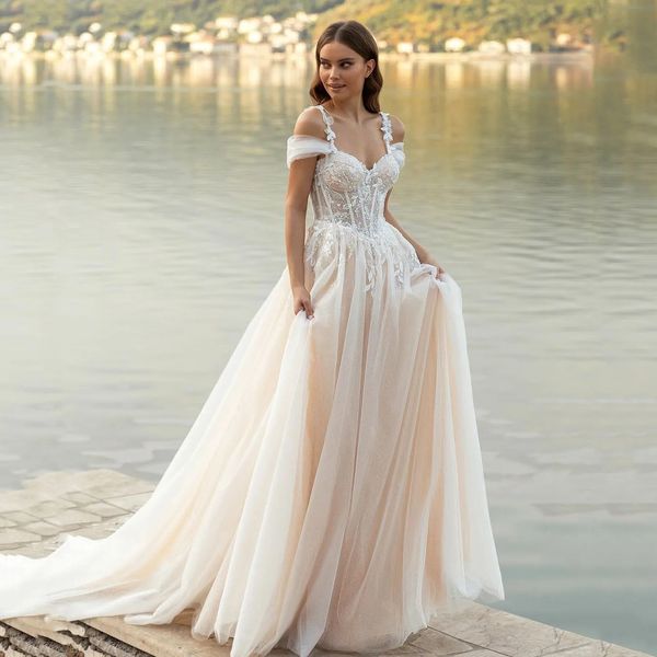 Champagne Beach Robe De Mariée Chérie Dentelle Appliques Hors Épaule Corset Princesse Boho Birde Robes De Soirée Robe De Novia Robe De Mariage