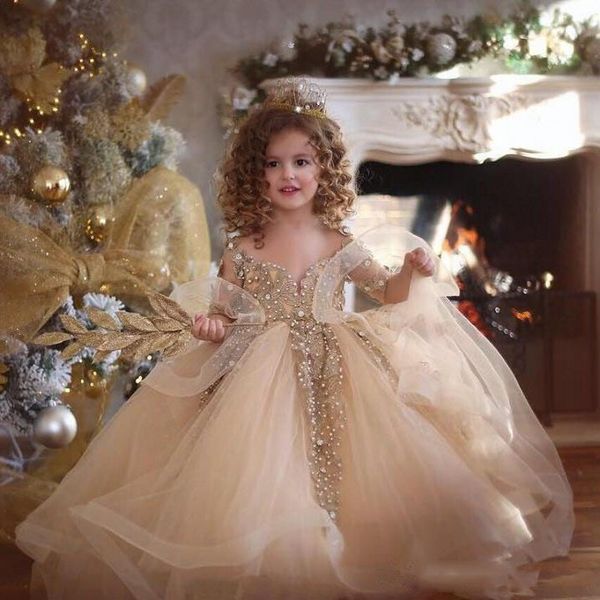 Champagne Perlé Filles Pageant Robes Demi Manches Longues Robe De Bal Robes De Fille De Fleur Pour Le Mariage Tulle Étage Longueur Bébé Tenue De Cérémonie