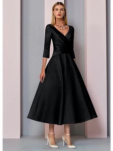 Champagne/noir/bleu a-ligne mère de la robe de mariée grande taille élégant Vintage col en V thé longueur Satin 2022 robe de soirée de mariage