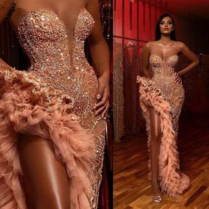 Champagne Blush Zeemeermin Galajurken Sprankelende Kralen Ruches Hoge Split Sweetheart Arabische Avondjurk Gelegenheidsjurk vestidos de no251c