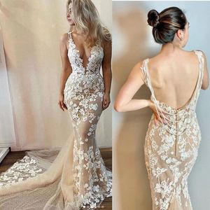 Champagne boho mermaid trouwjurk 2023 sexy v nek backless kanten boheemse tuin hippie bruidsjurk sweep trein kraal bruid gewaden de mariee vestidos