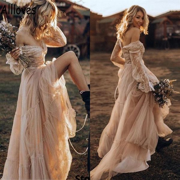 Champagne Country Western Robes De Mariée À Manches Longues Rétro Cowgir Col En V Bohème Dentelle Robes De Mariée Balayage Train Tulle A Lin2472