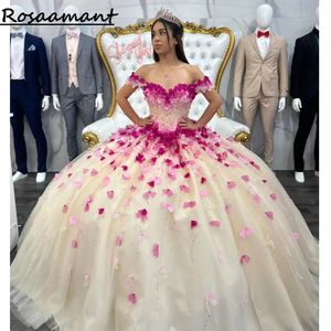 Champagne cristal perles robe De bal Quinceanera robes hors De l'épaule rose 3D fleurs Corset robes De 15 Anos