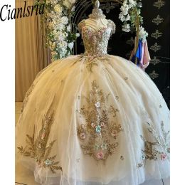 Champagne Crystal Beading Tassel Quinceanera Dresses Ball Jurk 3D Flowers Appliques Lace Sweet 15 Verjaardag