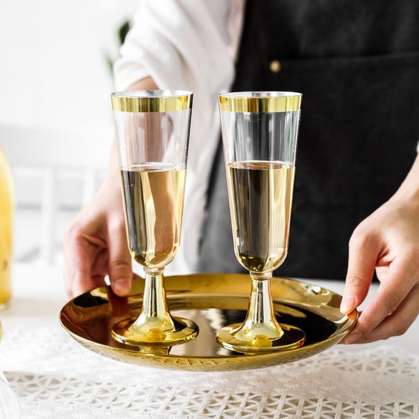 Copa de champán Copas de vino de plástico Copas de champán transparentes Vino Fiestas de cumpleaños Boda Borde dorado Copa desechable