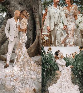 Robes de mariée sirène de créateur de champagne avec une robe de mariée à fleurs d fleurie à manches courtes et à la taille de train de balayage sur mesure Vestidos de Novia e