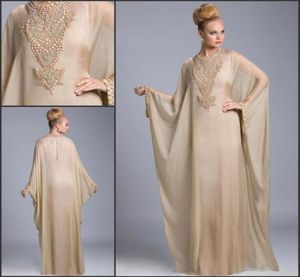 Champagne Dubai Kaftan Long Chiffon Avondjurken Kristallen Arabische Fancy Fancy Farasha Abaya Prom Moeder Jurken Islamitische Partij D5211374