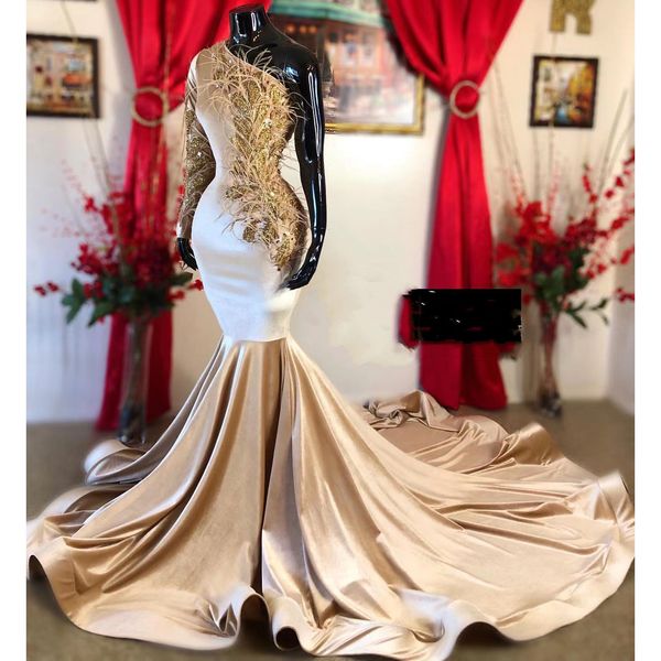 Champagne elegante vestido de baile cetim lantejoulas miçangas penas um ombro varredura trem longo sereia vestidos de noite formais vestidos de festa para mulher