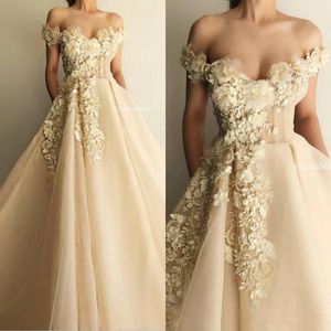 Champagne Fairy Prom Dresses Lace 3D Floral Geappliquided Off The Shoulder Slit A Line Avondjurken Vloerlengte