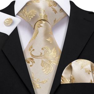 Champagne Floral Silk Coldie for Men with Pocket Square Cuffe Links Sets Classic Jacquard Ties Business Barrywang 240511