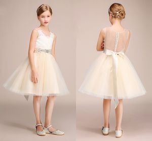 Robes de fille de fleur de champagne pour les mariages col transparent voir à travers des appliques ceinture courte filles robe de concours d'anniversaire d'enfant robes de bal