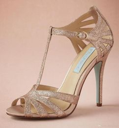 Champagne glitter bruiloft schoen op maat gemaakte Tstrap lederen zool comfortabele pumps teen 4quot leer verpakt hakken dames sandalen2211111468