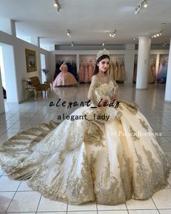 Champagne Gold Bead 2022 Quinceanera Jurken Lace-up Geappliceerd Lange Mouwen Baljurk Prom Party Wear Sweet 16 Jurk Vestidos