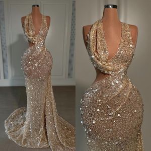 Champagne gouden zeemeermin avondjurken elegante pailletten halter v-hals galajurk glitter formele jurken voor speciale gelegenheden sweep train robe de soiree