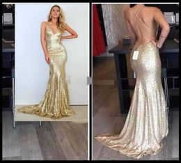 Champagne Gold Mermaid Robes de bal 2019 Sparkle Long Glitter Robes de bal ouvert Robe à paillettes sexy Backless6824498