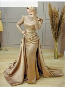 Champagne Goud Moslim Vintage Lange Mouwen Avondjurken Met Afneembare Rok Zeemeermin Hoge Hals Formele Feestjurken Pailletten Arabische Kaftan Gewaden