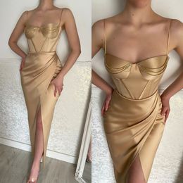 Champagne Or Robes De Bal Perles Spaghetti Slit Party Robes De Soirée Plis Formelle Longue Robe Occasion Spéciale