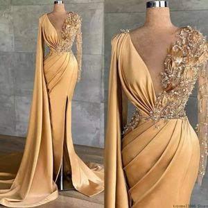 Robes de soirée en Satin doré Champagne, col en V perlé, fente haute, robes de bal de forme sirène, manches longues portefeuille, Robe formelle